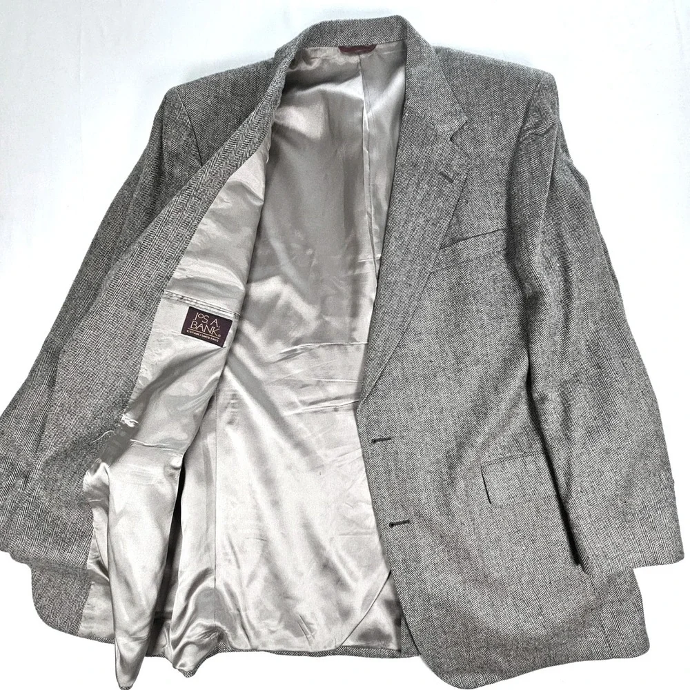 Jos A Bank 100% Silk Herringbone Blazer Sport Coat Grey White Mens 46L USA Made